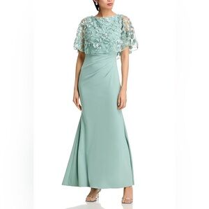 Eliza J | NWT Embroidered Cape Overlay Mint/Sage Green Gown | Size 10